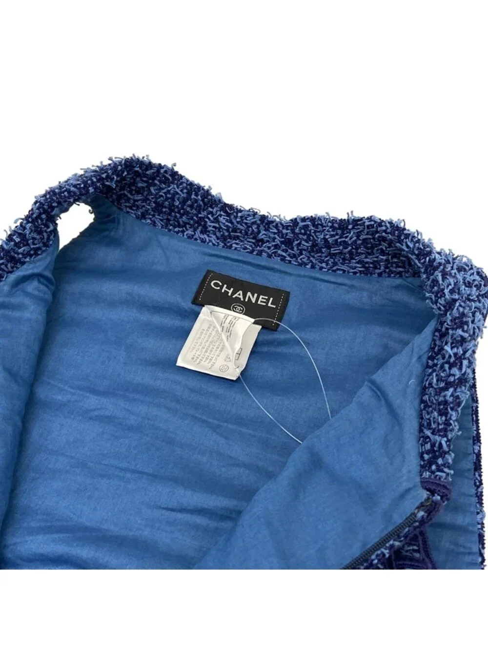 Chanel Dress 38 M Blue Tweed Zip Up Cotton